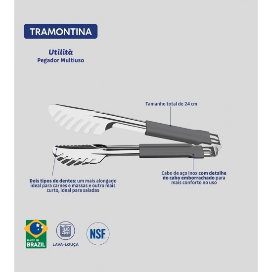 Pegador 24cm Utilitá Em Aço Inox Tramontina Com Cabo Emborrachado Cinza